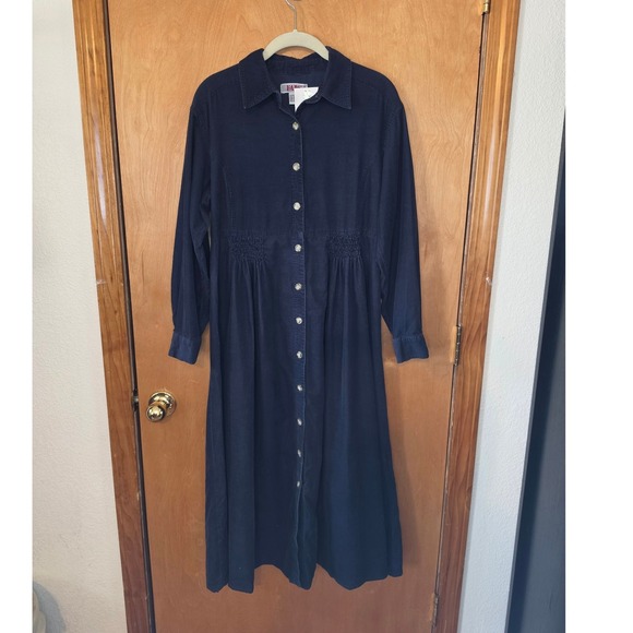 Fads Dresses & Skirts - Vintage FADS Navy Blue Corduroy Smocked Waist Midi Dress Dark Academia Size 10